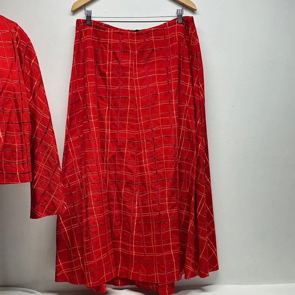 Bottega Veneta Suit Set Blazer Jacket Matching Maxi Skirt Cotton Red Plaid US 12